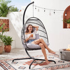 NICESOUL All Weather Swing Egg Chair Indoor Outdoor, Comfy Rattan Patio Basket Hanging Chair with Stand and Cushions, 350lbs Heavy Duty Sturdy Egg Hammock Chairs for Porch Balcony Deck Garden, Gray