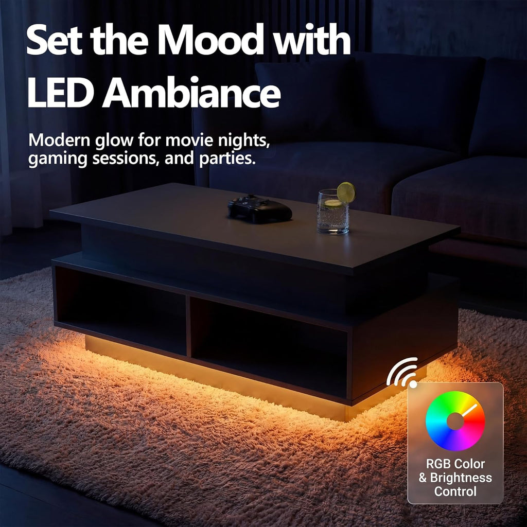 YESHOMY 40" Lift Top Coffee Table with Hidden Storage & Multi-Color LED Lights, Modern Square Wood Table with 4 Open Shelves for Living Room and Small Space, Black