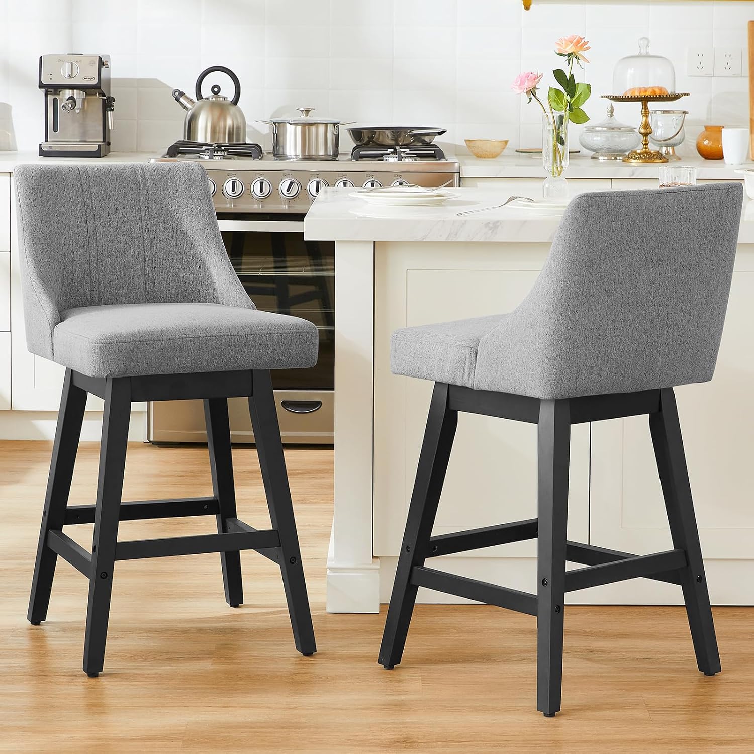 27'' Counter Height Bar Stools Set of 2, Swivel Bar Stools with Backs, Modern Fabric Bar Stools for Kitchen Island, Solid Wood Legs, Adjustable Feet (Fabric - Dark Gray, Set of 2-27" H)