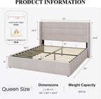 SHA CERLIN Queen Size Lift Up Storage Bed/Modern Wingback Headboard/Upholstered Platform Bed Frame/Hydraulic Storage/No Box Spring Needed/Wood Slats Support/Light Beige