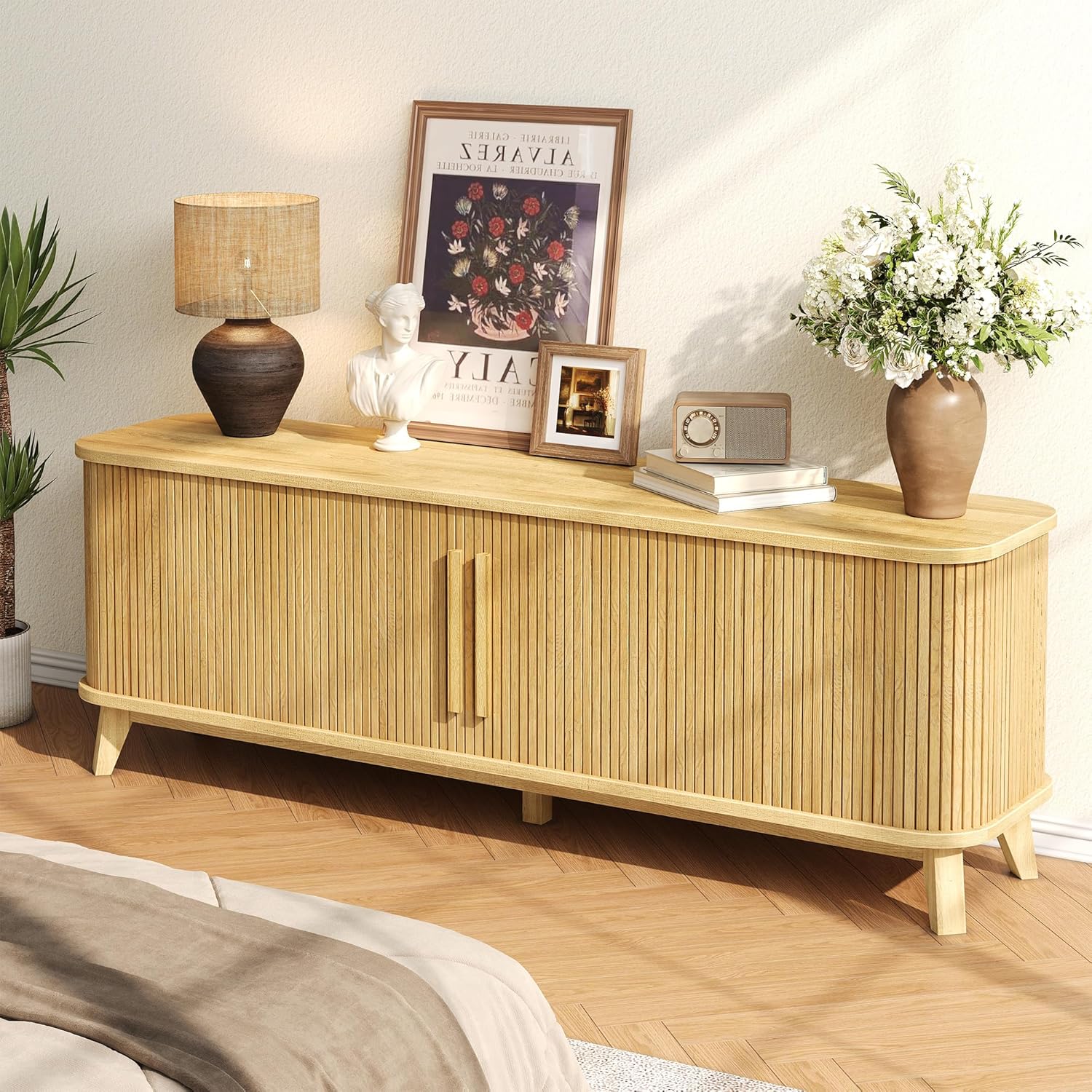 66" TV Stand for TVs up to 80", Mid-Century Modern Entertainment Center, TV Console with Storage Cabinet and Adjustable Shelves, Wood Curved Media Console with Sliding Door for Living Room,Natural Oak