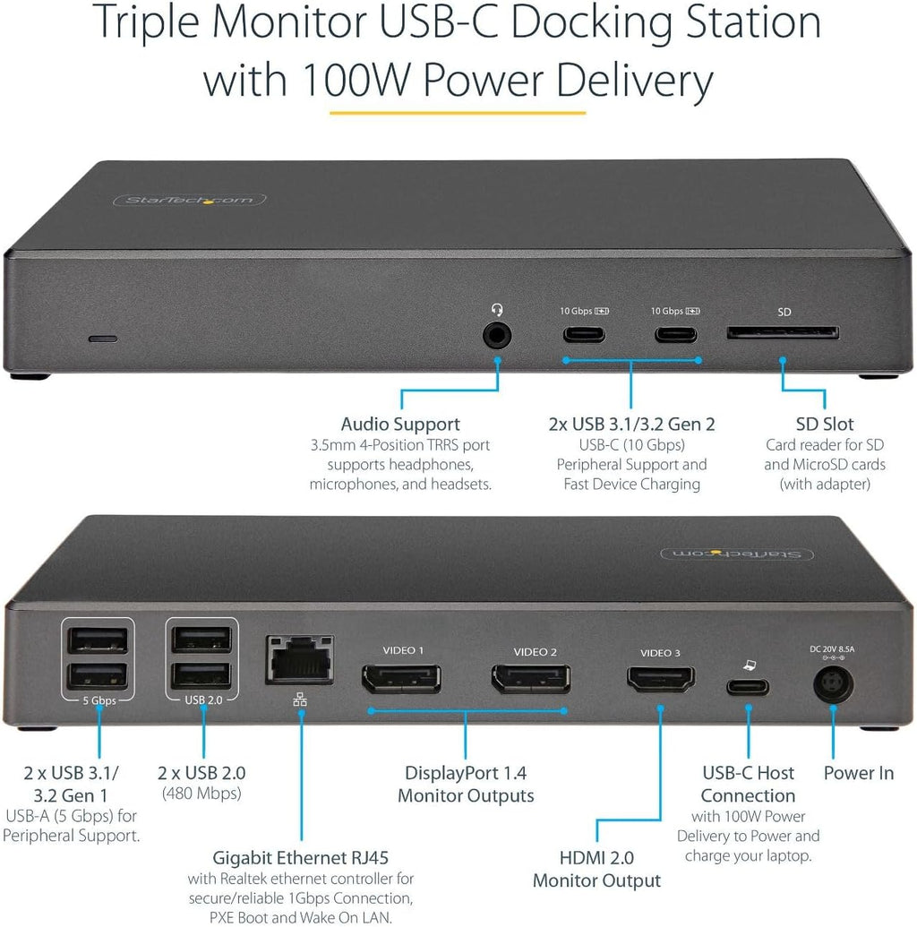 StarTech.com USB C Triple 4K Monitor Docking Station - 100W Power Delivery - DP 1.4 Alt Mode & DSC  2 DisplayPort/HDMI 2.0-6 USB (2 at 10Gbps)  SD - Windows/Chrome (DK31C2DHSPD) - Black & Space Gray