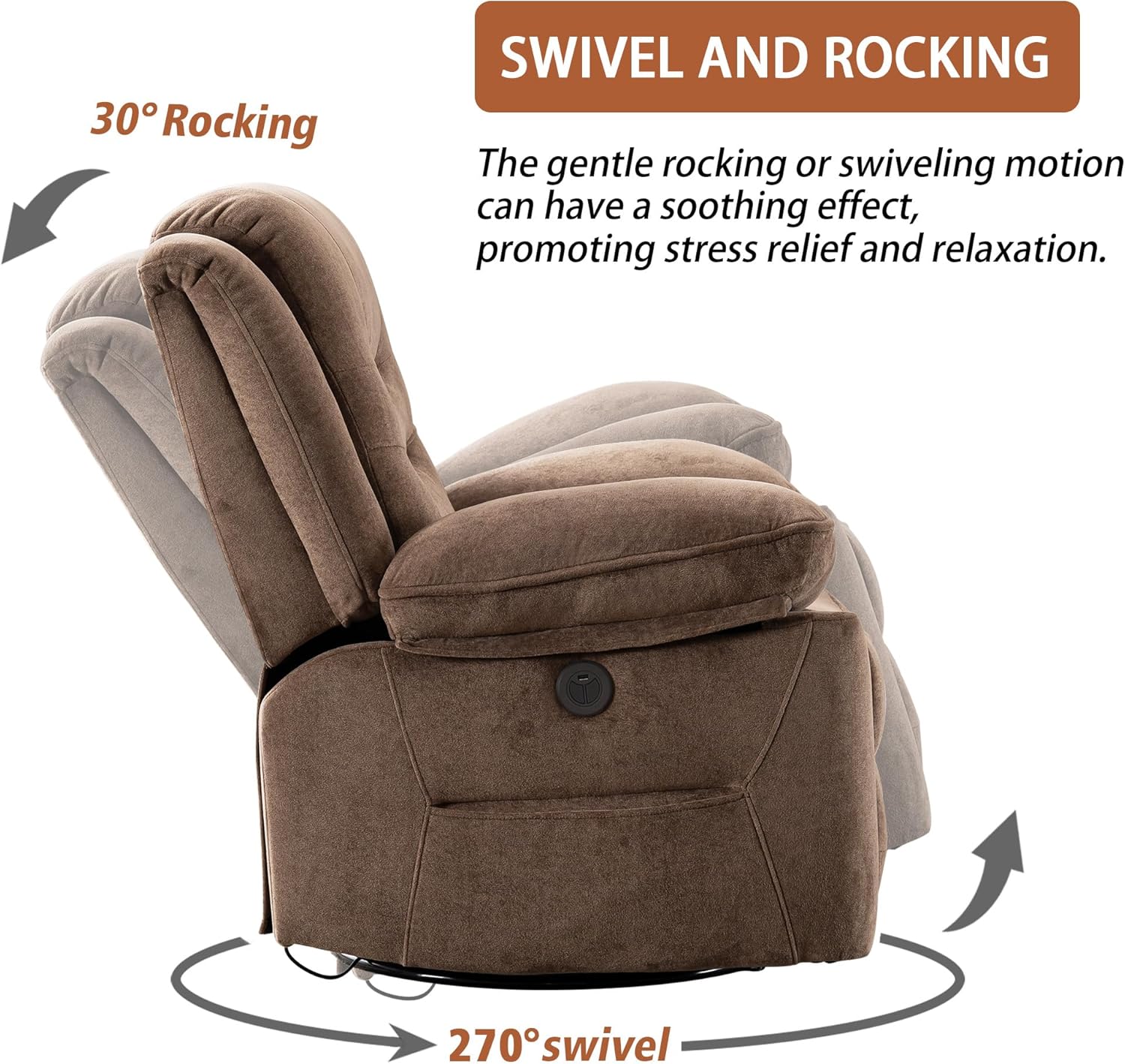 Power Swivel Rocker Recliner with Massage and Heat, USB Port, Infinite Position, Oversized Electric Glider Rocking Chairs Living Room, Soft Fabric Reclining Sofa Chair(Mocha)