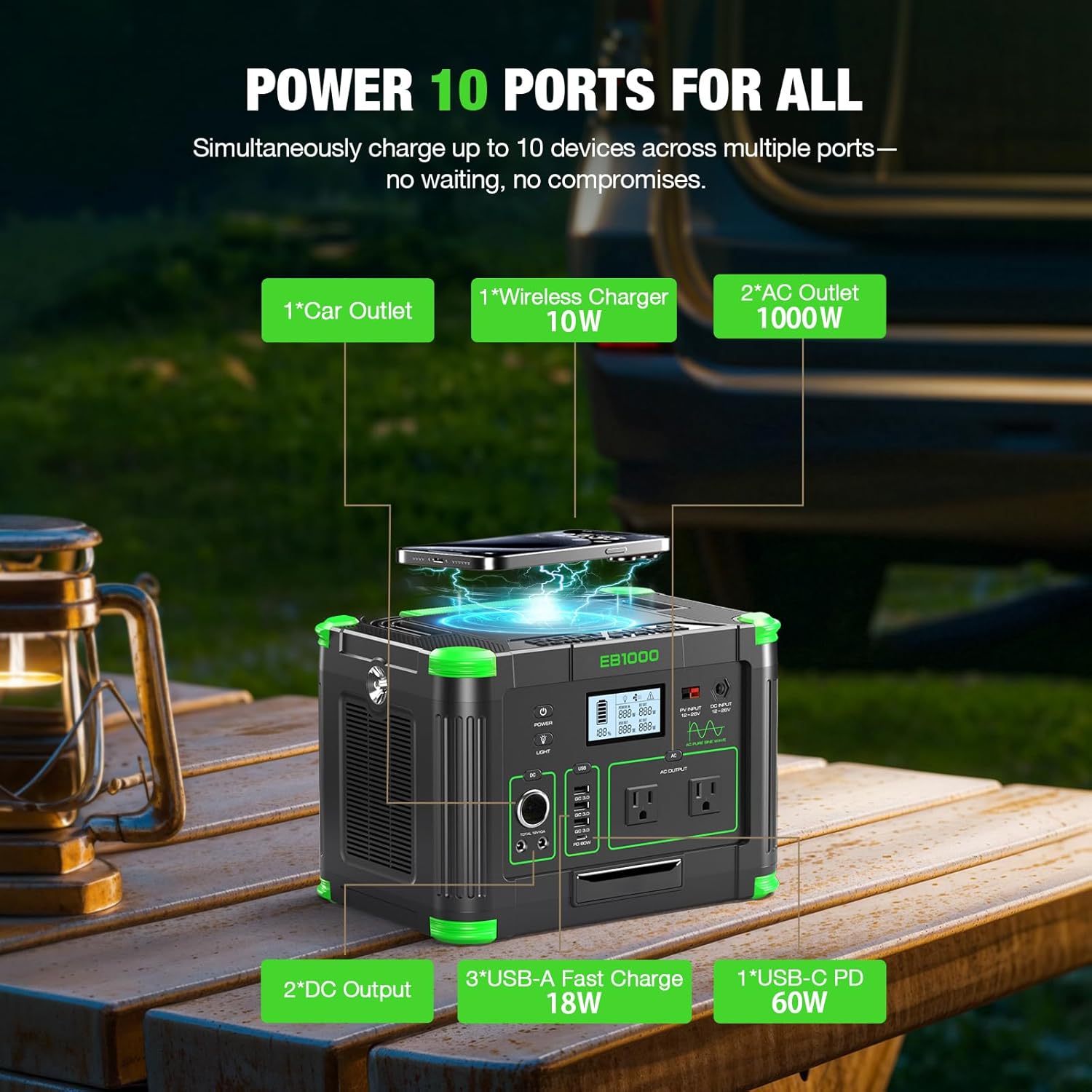 Portable Power Station 1000W (Peak 2000W)  999Wh Solar Generator  110V Pure Sine Wave AC Outlet with PD 60W USB-C Fast Charging  Outdoor Camping RV Van Home Backup Off-Grid Living