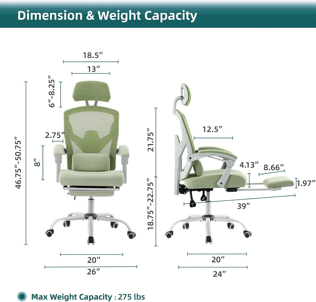 DUMOS Home Office Desk Chair with Footrest, High-Back Mesh Rolling Swivel Reclining Chairs with Wheels, Comfortable Headrest, Lumbar Support, Comfy Arms for Home, Office, Gaming, Elegant Green