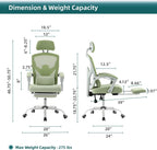 DUMOS Home Office Desk Chair with Footrest, High-Back Mesh Rolling Swivel Reclining Chairs with Wheels, Comfortable Headrest, Lumbar Support, Comfy Arms for Home, Office, Gaming, Elegant Green