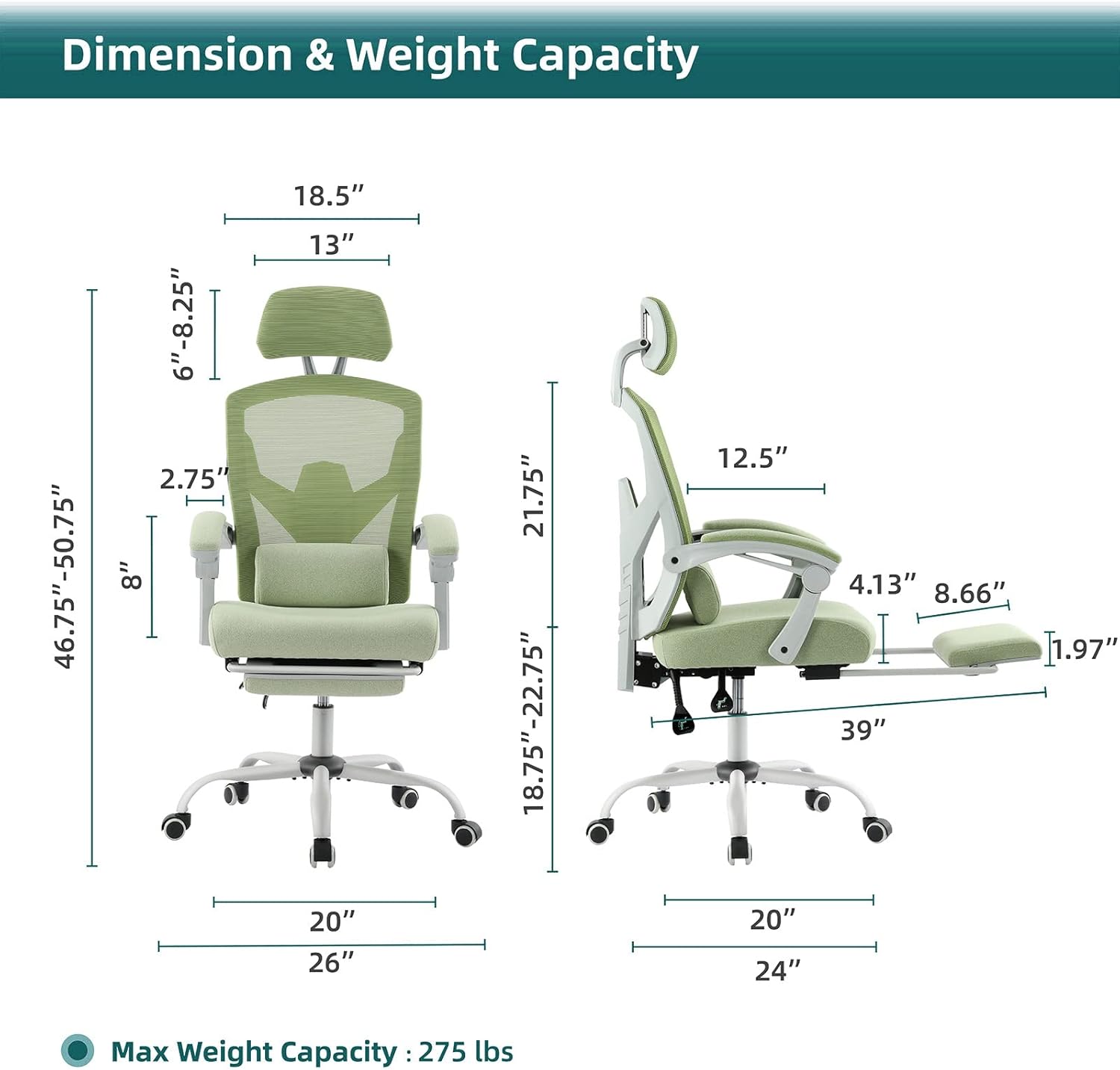DUMOS Office Desk Computer Chair with Footrest, Ergonomic Mesh Swivel Gaming Chair with Rolling Wheels, Comfortable Headrest, Lumbar Support, Comfy for Home, Office, Task, Student, Elegant Green