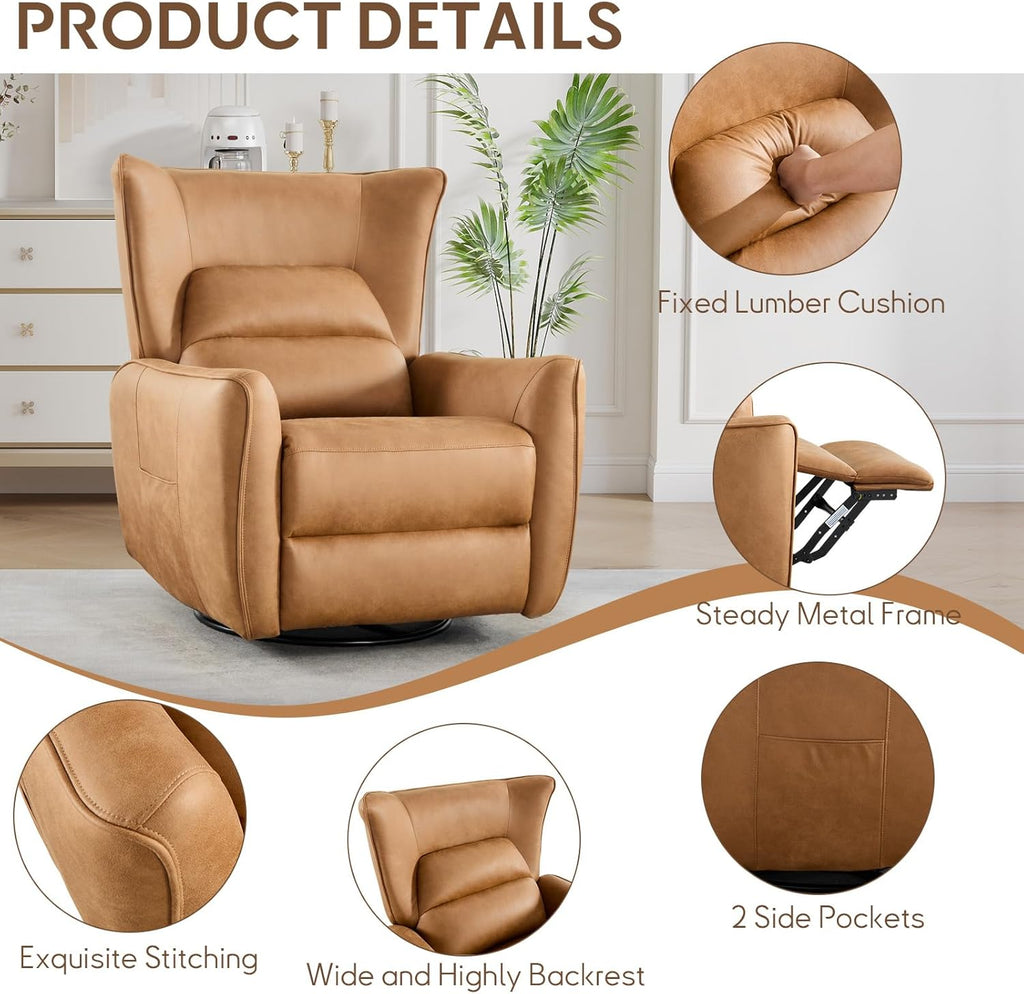Bonzy Home 270° Swivel Power Recliner Chair, 30° Rocking Chair with Lumber Cushion and Highly Enveloping Backrest, Electric Reclining Home Theater Seat for Nursery, Bedroom, Living Room, Brown