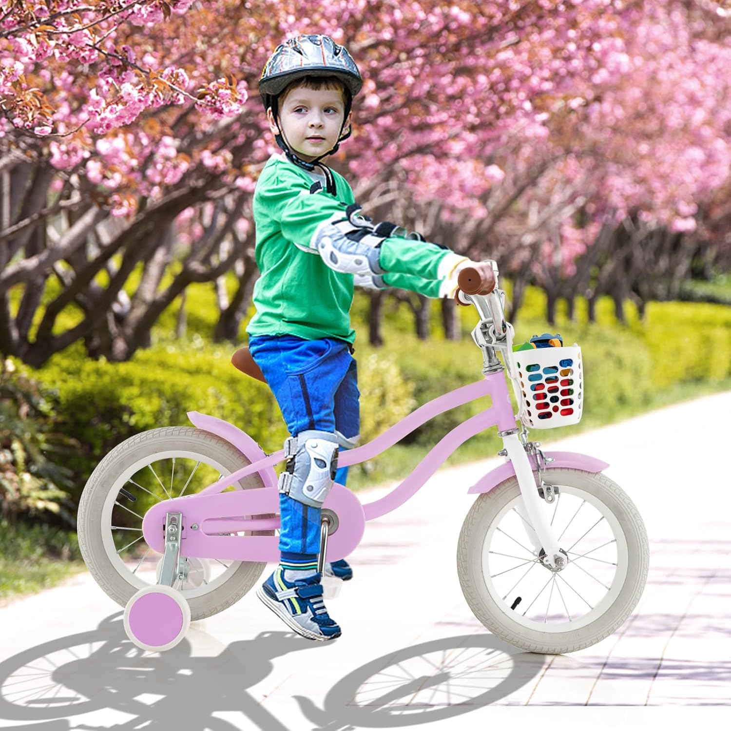 HONEY JOY Kids Bike, 12 14 16 18 20 Inch Toddler Bikes w/Training Wheels, Handbrake & Coaster Brake, Fully Enclosed Chain, Adjustable Handlebar & Seat, Kids Bicycle w/Basket, Girls Boys Bike 3-8
