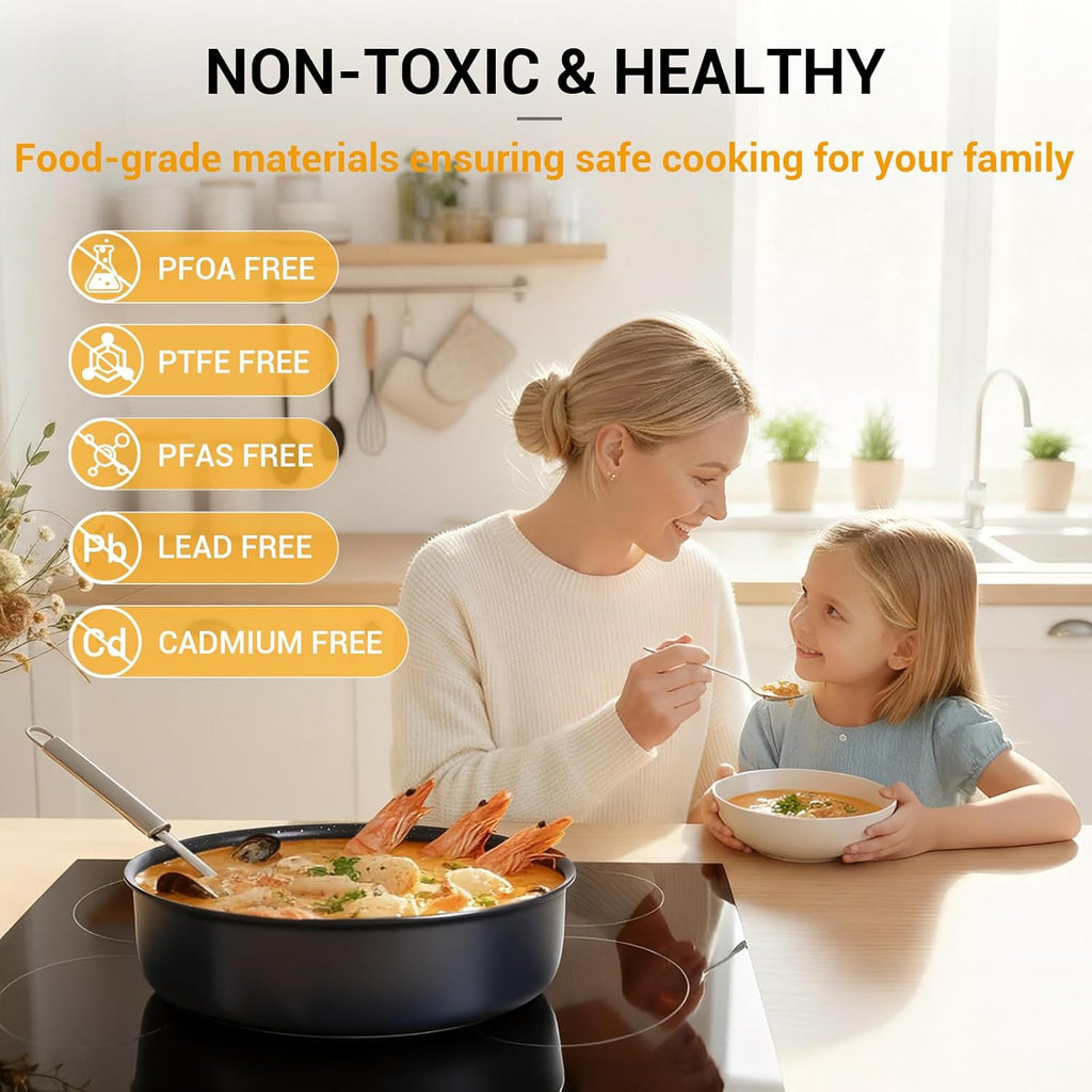 Ammeloo 21-Piece Ceramic Pots and Pans Set Non Stick with Detachable Handles and Egg Frying Pan, Non-Toxic Cookware, Induction Ready, Oven Safe, Stackable for Storage, Black Speckled