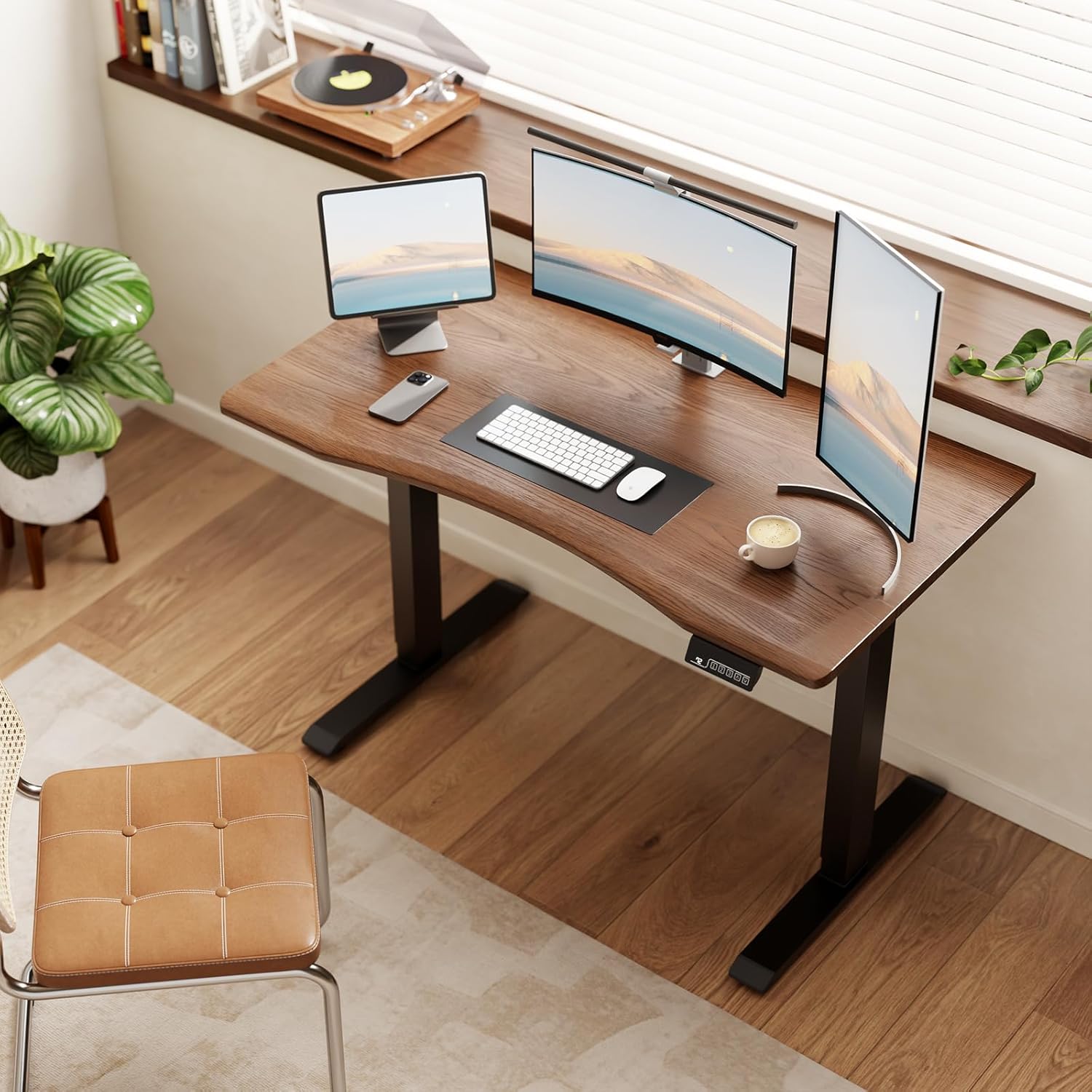 Solid Wood Electric Standing Desk 47"x23.6"Home Office Desk,Adjustable Workbench with 3 Stages Dual Motor, Computer Workstation with T-Shaped Metal Bracket,Walnut Standing Table for Gaming Room(1 Box)