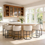26" Counter Height Bar Stools Set of 3, Linen Fabric Upholstered Kitchen Counter Bar Stools, Modern Barrel Accent Barstools for Island with Backrest and Arms, Black Metal Frames, Linen