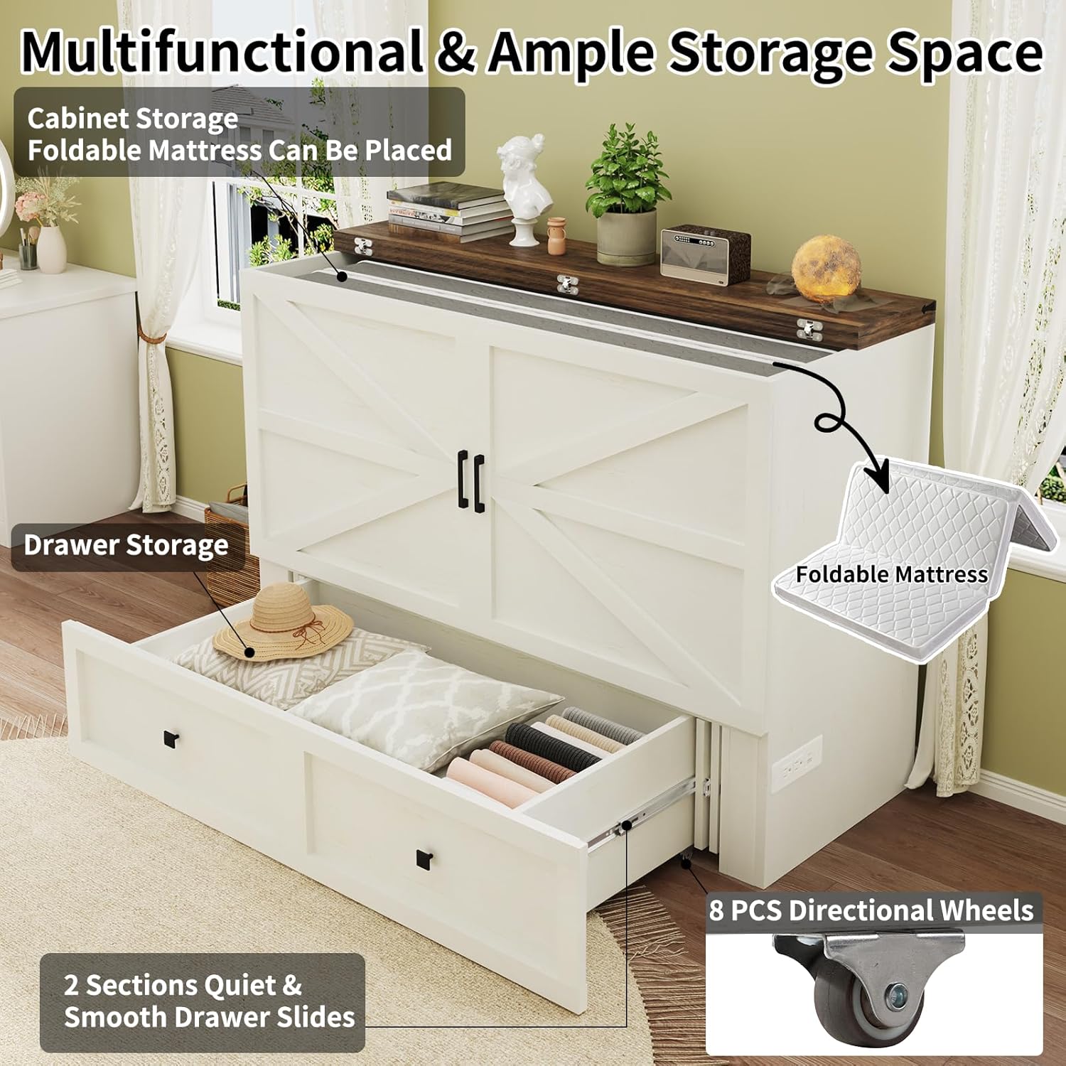 Murphy Bed with Charging Station, Queen Size Cabinet Bed with Large Storage Drawer for Home Office or Small Room, Hideaway Foldable Platform Bed, White