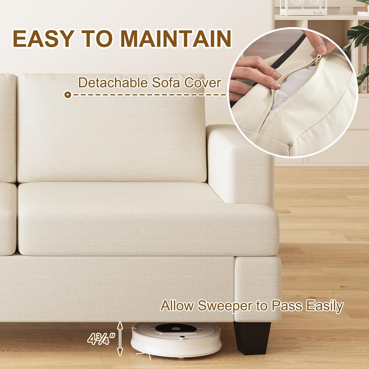 Furnimart 85 inch Deep Seat Sofa, Modern 3 Seater Couch, Beige Linen Sofa, Comfy Cloud Couch for Living Room, Cozy Fluffy Sofas with Removable Sofa Cover, Small Couches for Small Spaces
