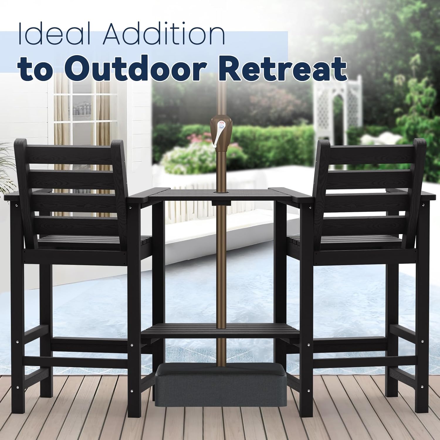 PLUUV Tall Adirondack Chairs Set of 2  All Weather HDPE Poly Bar Height Balcony Adirondack Chair with Removable Double Connecting Trays  Outdoor Adirondack Barstools for Deck  Patio  Yard  Pool  Lawn
