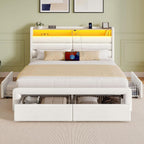 Seventable Full Size Bed Frame with 4 Storage Drawers & Charging Station, Upholstered Platform Bed with Storage Headboard and LED Light, No Box Spring Needed, Noise Free, Easy Assembly, Cream White