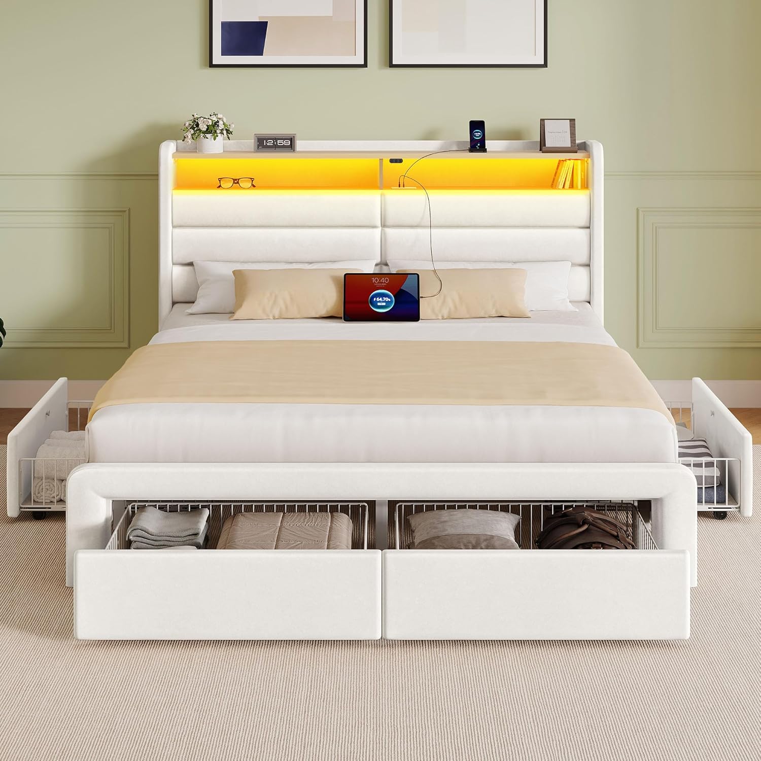 Seventable Full Size Bed Frame with 4 Storage Drawers & Charging Station, Upholstered Platform Bed with Storage Headboard and LED Light, No Box Spring Needed, Noise Free, Easy Assembly, Cream White