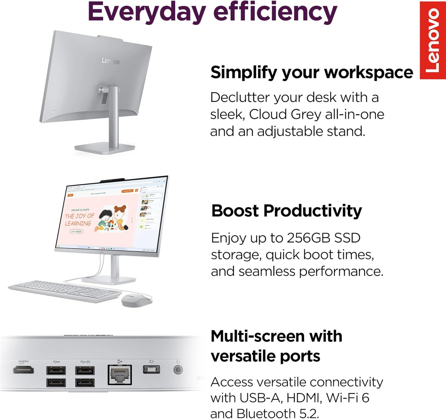 Lenovo IdeaCentre Everyday Tasks 24" Full HD All-in-One Desktop Computer • Office 365 for The Web • Intel 4-Cores • 256GB SSD • 8GB RAM • KB and Mouse • Windows 11