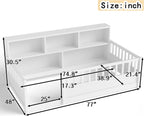 KEIKI Montessori Floor Bed Twin Size, Pine Wood Platform Bed Frame with Fence and Guardrail, Kids Bed with Side Storage Racks, Twin Floor Bed for Children, White