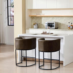 Upholstered Counter Height Bar Stools Set of 2, Modern Barrel Counter Stools with Arms, PU Leather Barstools Kitchen Bar Height for Island with Black Metal Frame, Brown