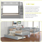 Merax Twin Over Twin Bunk Bed with Trundle, Storage Staircase and Full Length Guardrail, Solid Wood Stairway Bunk Bed, No Spring Box Needed (Grey)