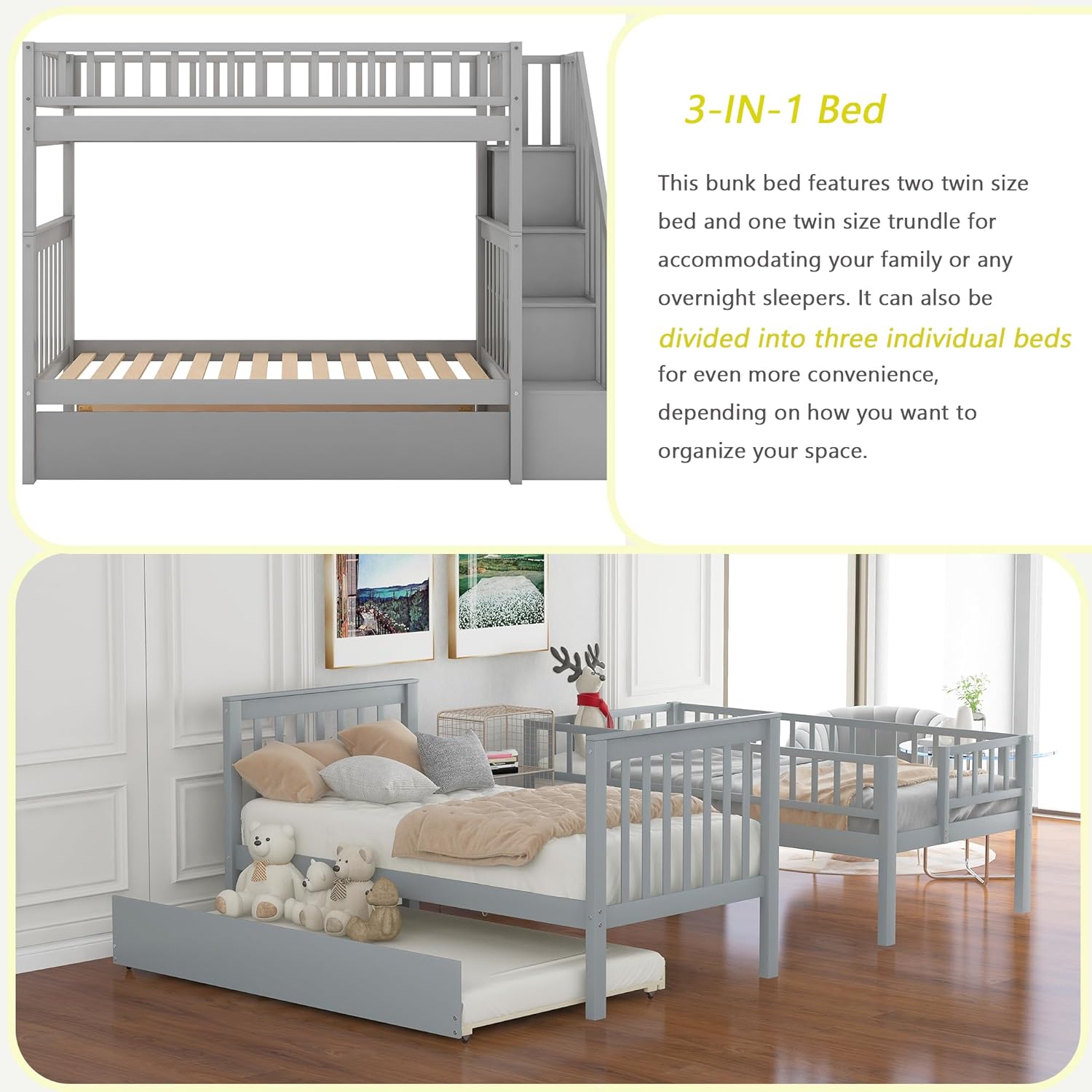 Merax Twin Over Twin Bunk Bed with Trundle, Storage Staircase and Full Length Guardrail, Solid Wood Stairway Bunk Bed, No Spring Box Needed (Grey)