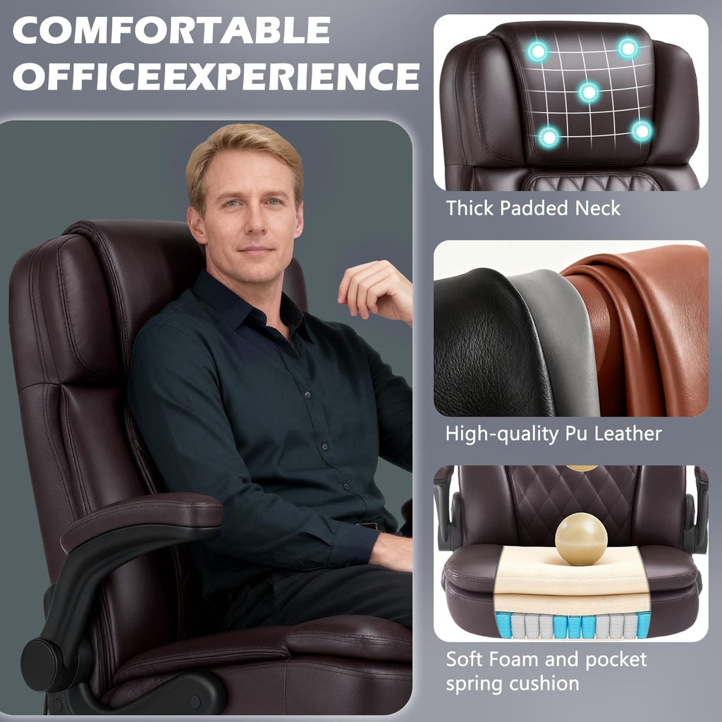 450LBS Big and Tall Executive Office Chair with Flip up Arm,Heavy Duty PU Leather Computer Desk Chair,Comfortable High Back Swivel Home Office Chair with Rolling for Adults,Spring Cushion,Metal Base