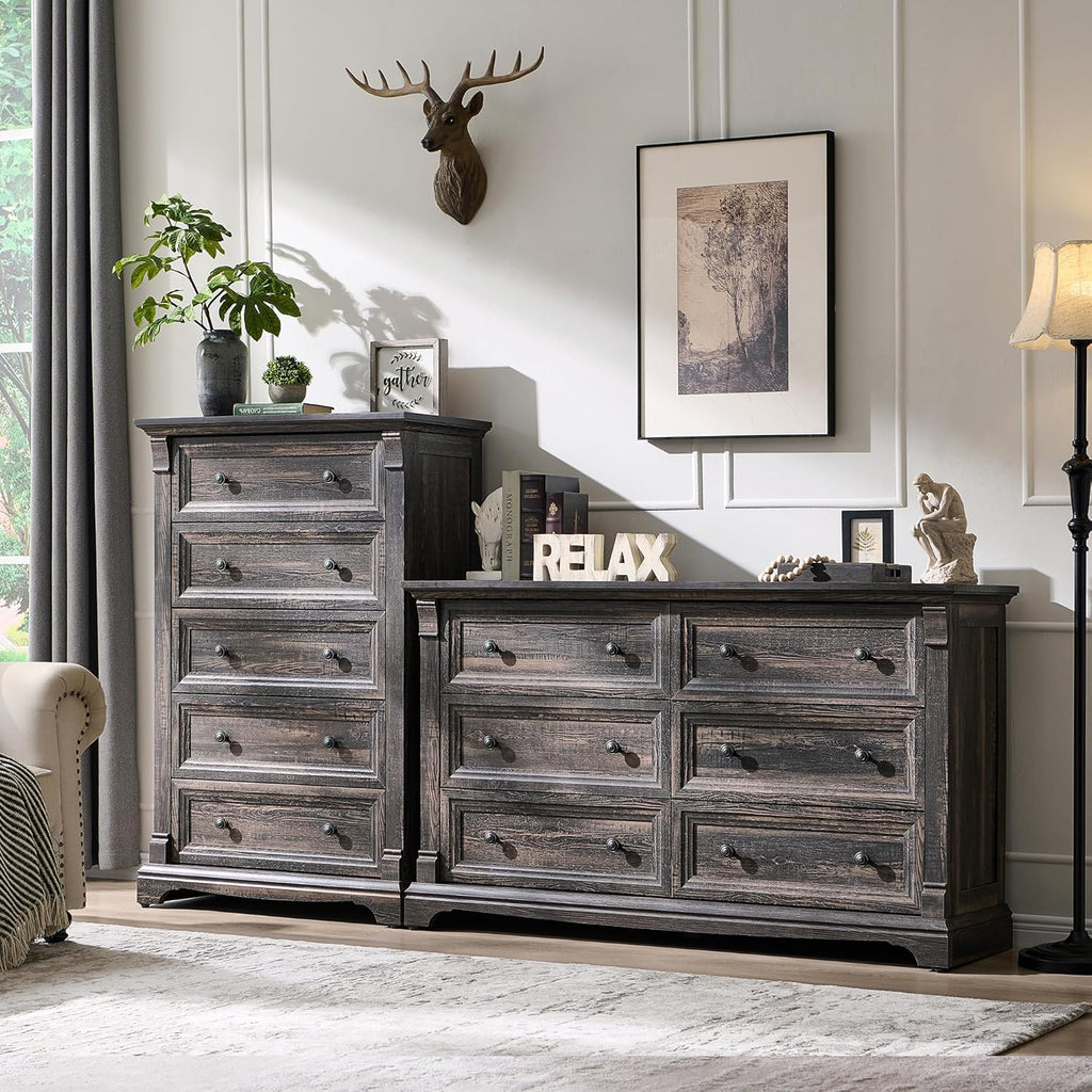 Farmhouse 6 Drawers Dresser for Bedroom, 54" Wide Large Dressers & Chests of Drawers w/Roman Column, Wooden Dresser TV Stand with Large Drawers for Nursery Bedroom Living Room Hallway,Dark Rustic Oak