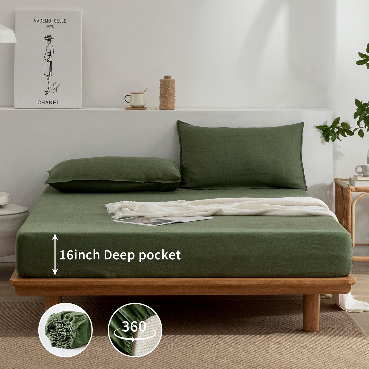 EVERLY Linen Queen Sheets Set, 100% Stonewashed French Linen Bed Sheets Deep Pocket Sheets, 4 Pieces (1 Flat Sheet, 1 Fitted Sheet, 2 Pillowcases) Natural Flax Bedding Set-Mossy Green