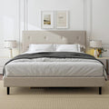 King Size Linen Bed Frame, Upholstered Platform Bed Frame with Adjustable Headboard, Wooden Slats Support, Easy Assembly, No Box Spring Needed, Beige