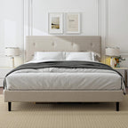 King Size Linen Bed Frame, Upholstered Platform Bed Frame with Adjustable Headboard, Wooden Slats Support, Easy Assembly, No Box Spring Needed, Beige
