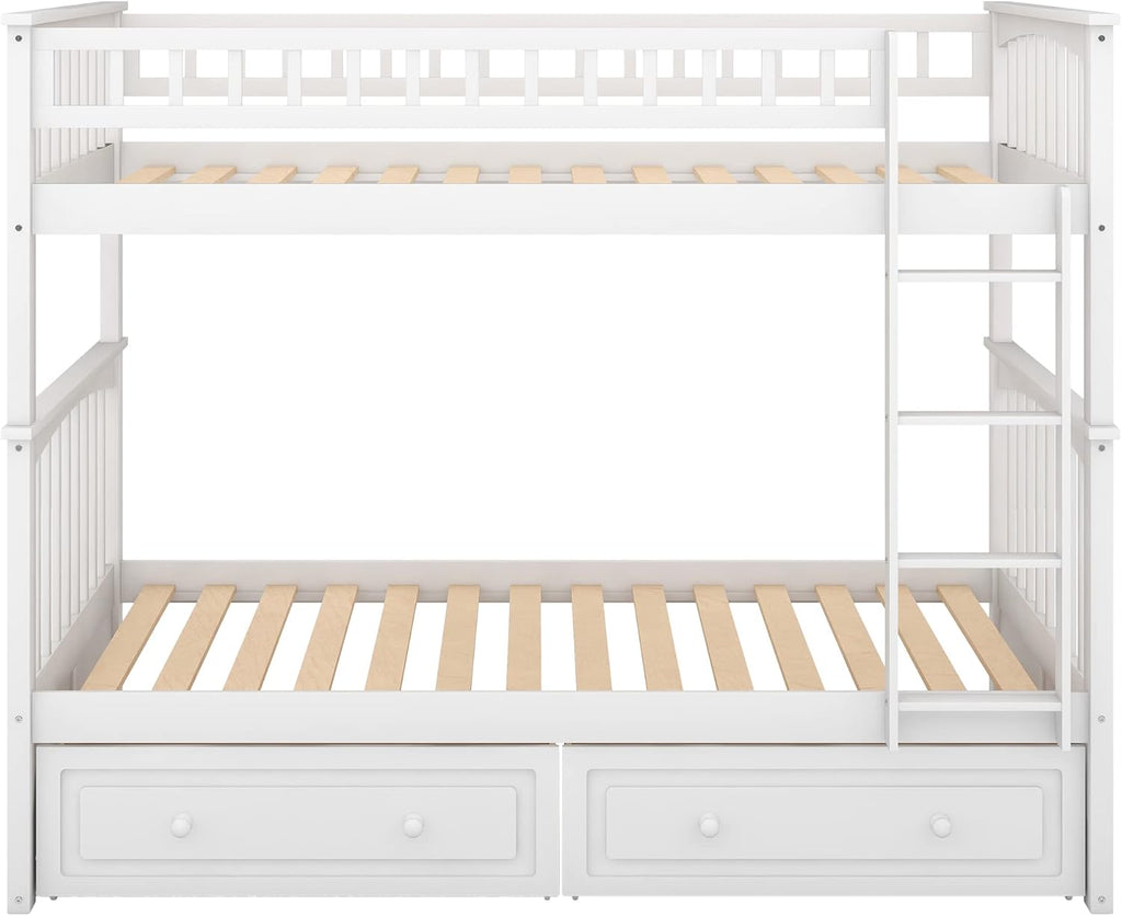 Merax Twin Over Twin Bunk Bed with 2 Storage Drawers and Ladder, Can be Devided into 2 Beds, No Spring Box Needed, White