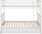 Merax Twin Over Twin Bunk Bed with 2 Storage Drawers and Ladder, Can be Devided into 2 Beds, No Spring Box Needed, White