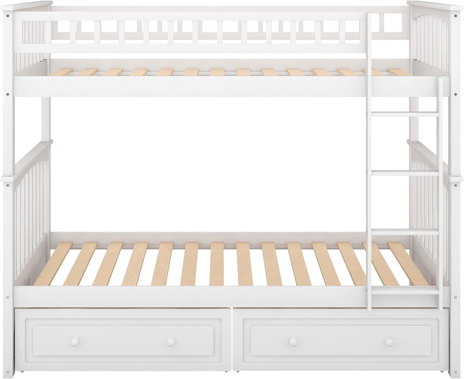 Merax Twin Over Twin Bunk Bed with 2 Storage Drawers and Ladder, Can be Devided into 2 Beds, No Spring Box Needed, White