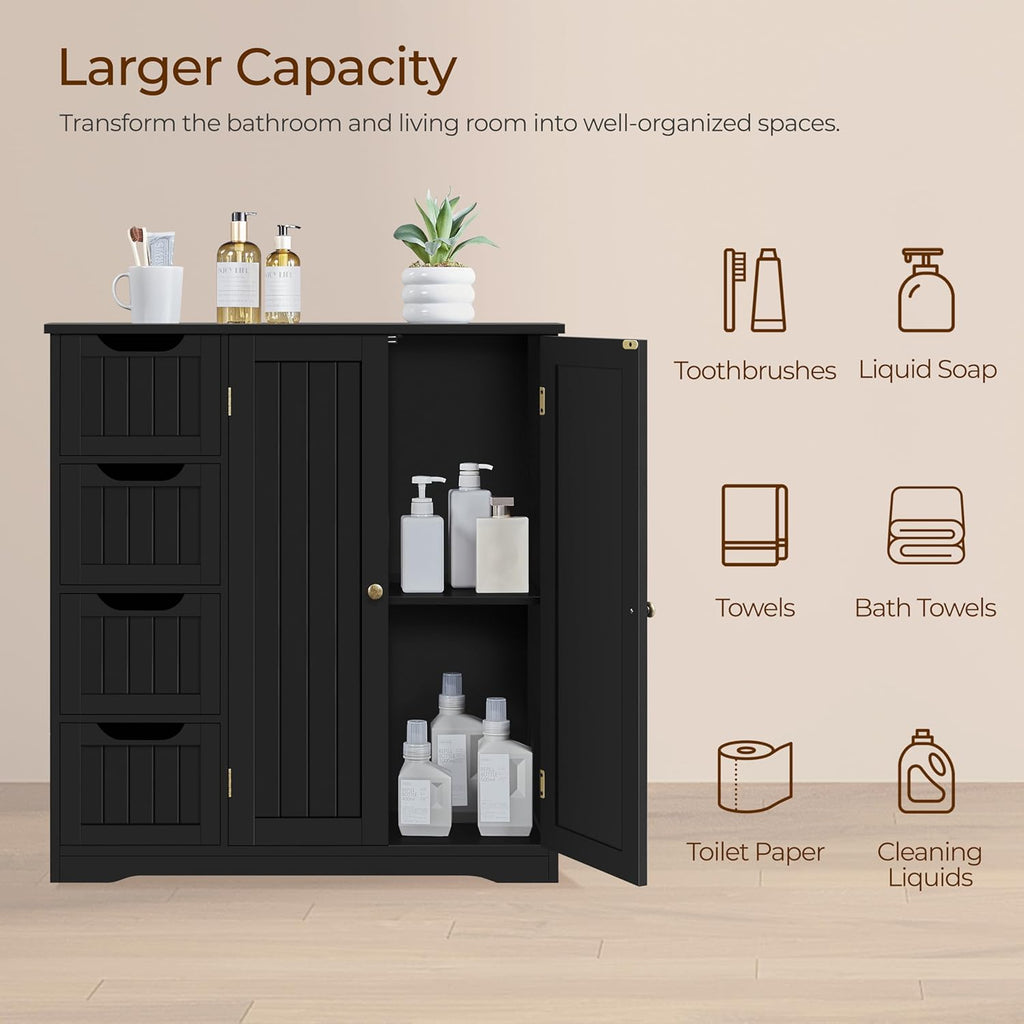 Yaheetech Wooden Bathroom Floor Cabinet, Side Storage Organizer Cabinet with 4 Drawers & Double Doors, Freestanding Entryway Storage Unit Console Table, Bathroom Furniture Home Decor, Black