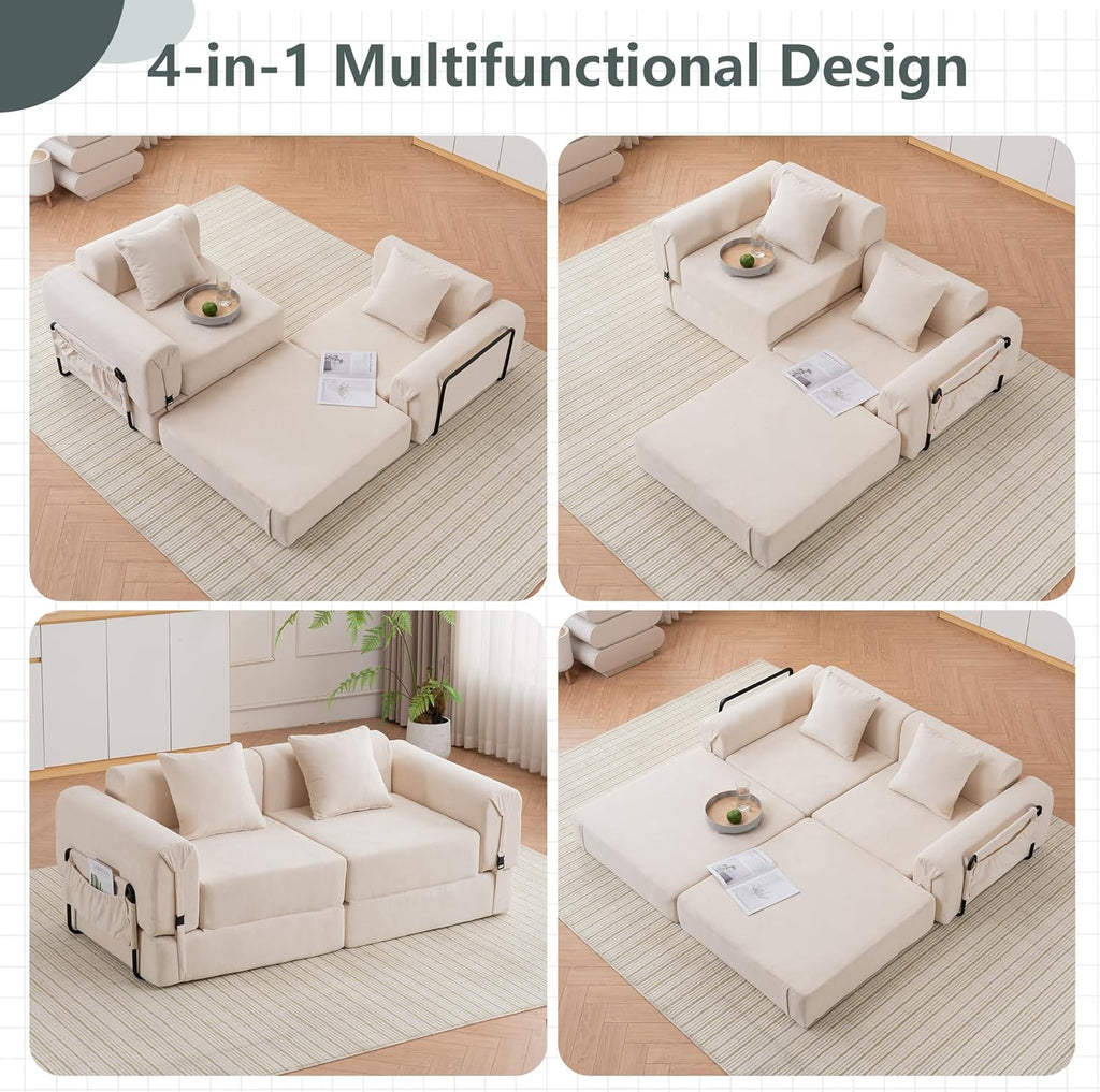 GNIXUU 71.3" Convertible Sleeper Sofa Bed, Modern Convertible Boneless Couch with Foldable/Pull Out Bed, Compressed Modular Futon Couch with Pillows & Storage Pocket for Living Room Bedroom, Beige
