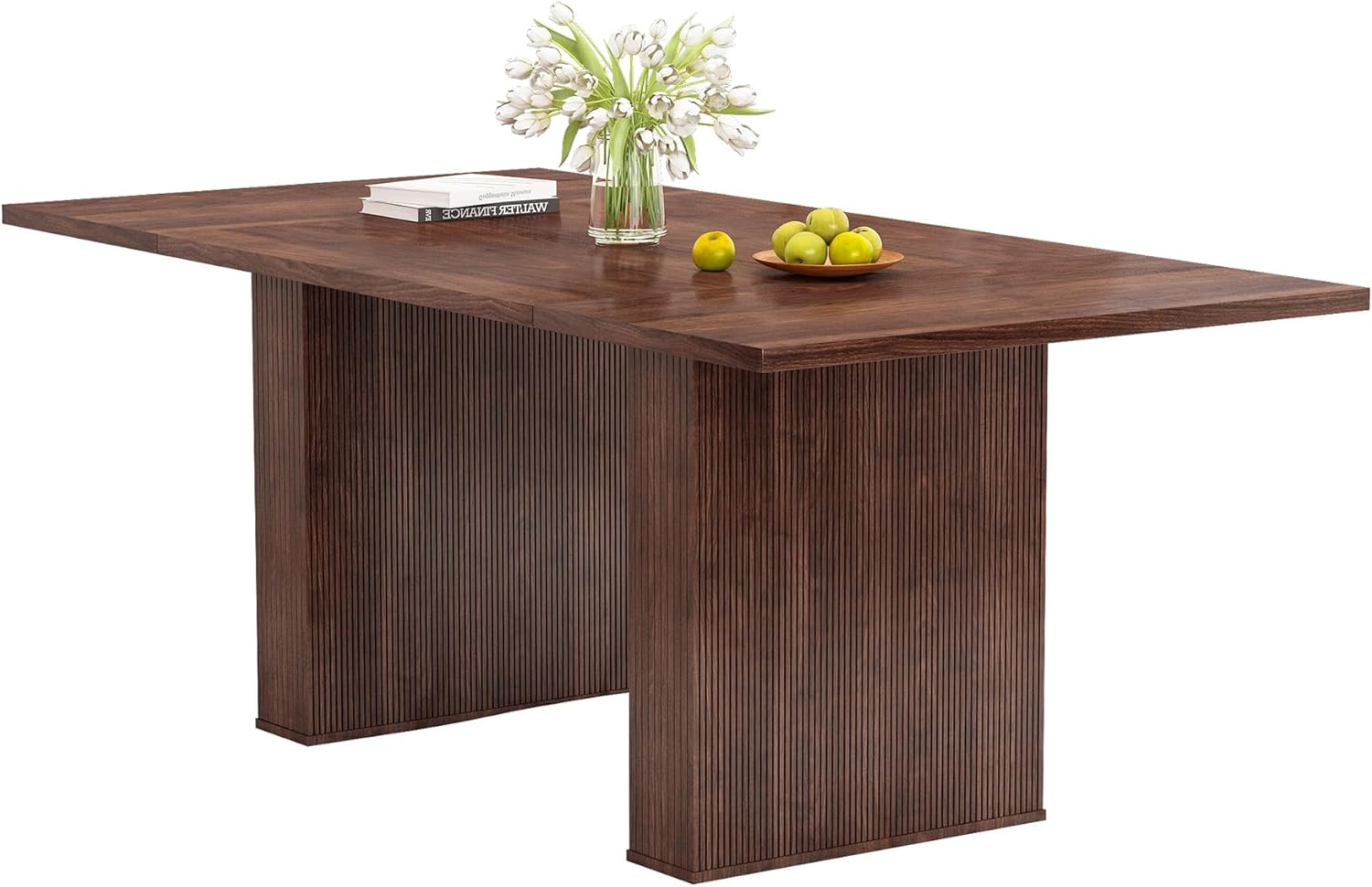 78 Inch Rectangular Dining Table for 6 to 10, Farmhouse Fluted Dining Kitchen Table, Modern Wood Long Dining Table for Kitchen Living Room, Walnut