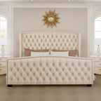 King Platform Bed Frame with Wingback Headboard, Velvet Upholstered Bed Frame with Handmade Button Tufted & Nailhead, Wooden Slats Support, Cream