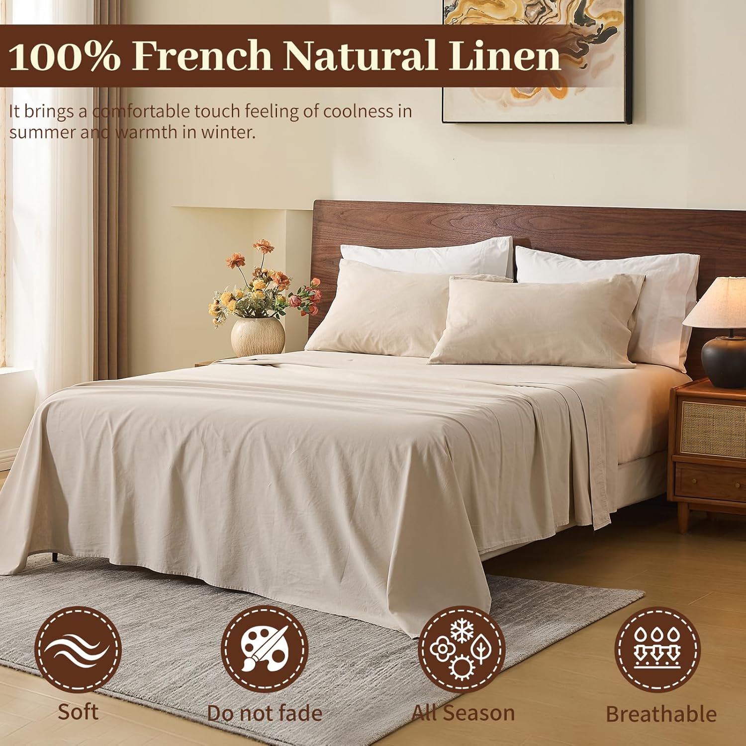 MEISHANG 100% French Pure Linen Sheets King Size - Bed Sheets 4 Piece Sets, Soft Durable Flax Linen, Anti-Tear Breathable Oeko-Tex Certified with 16" Deep Pocket (Linen)