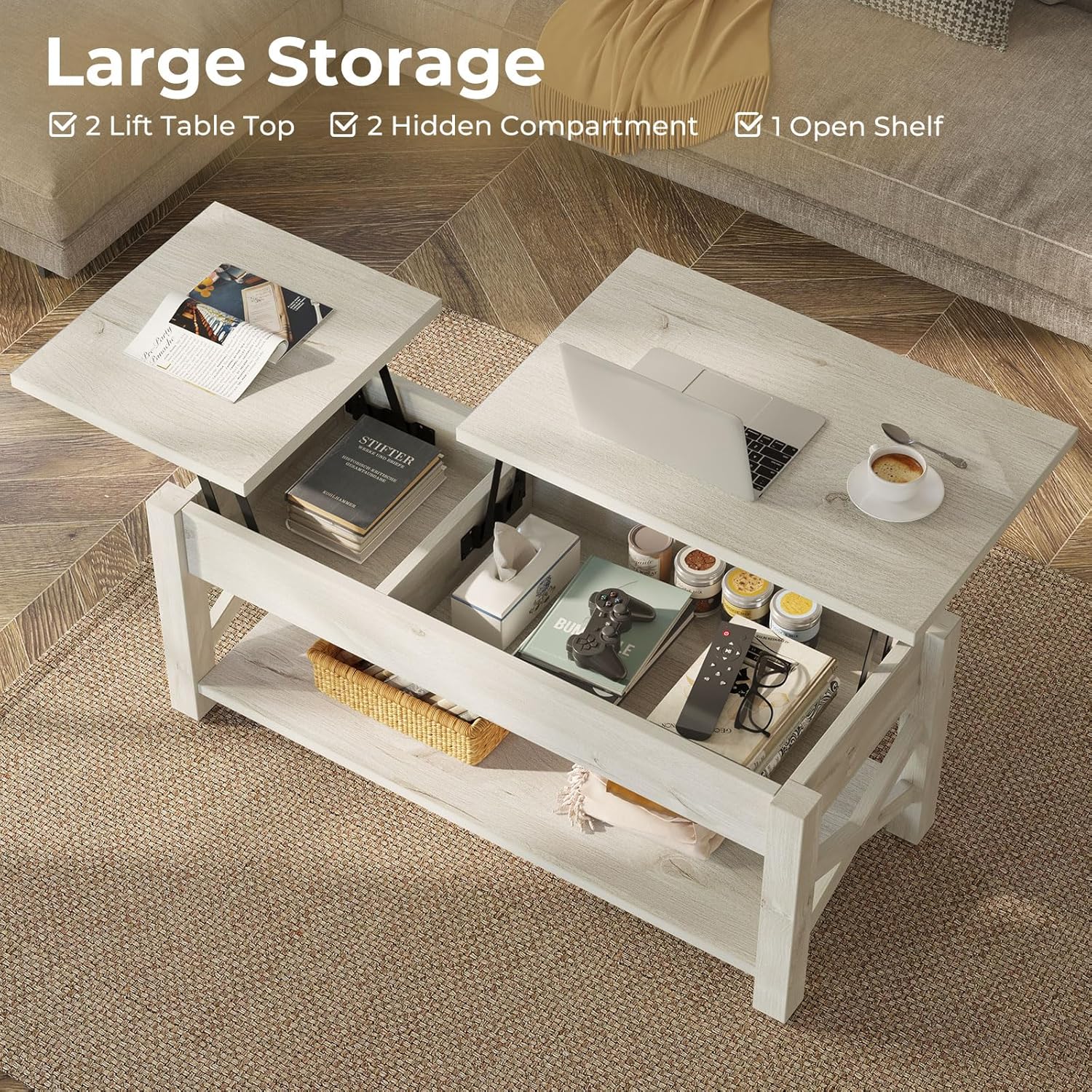 Rolanstar 47.2" Lift Top Coffee Table with Hidden Compartment, 2 Way Lift Top Coffee Table with Open Shelf & X Wooded Support, Farmhouse Center Table for Living Room, Grey