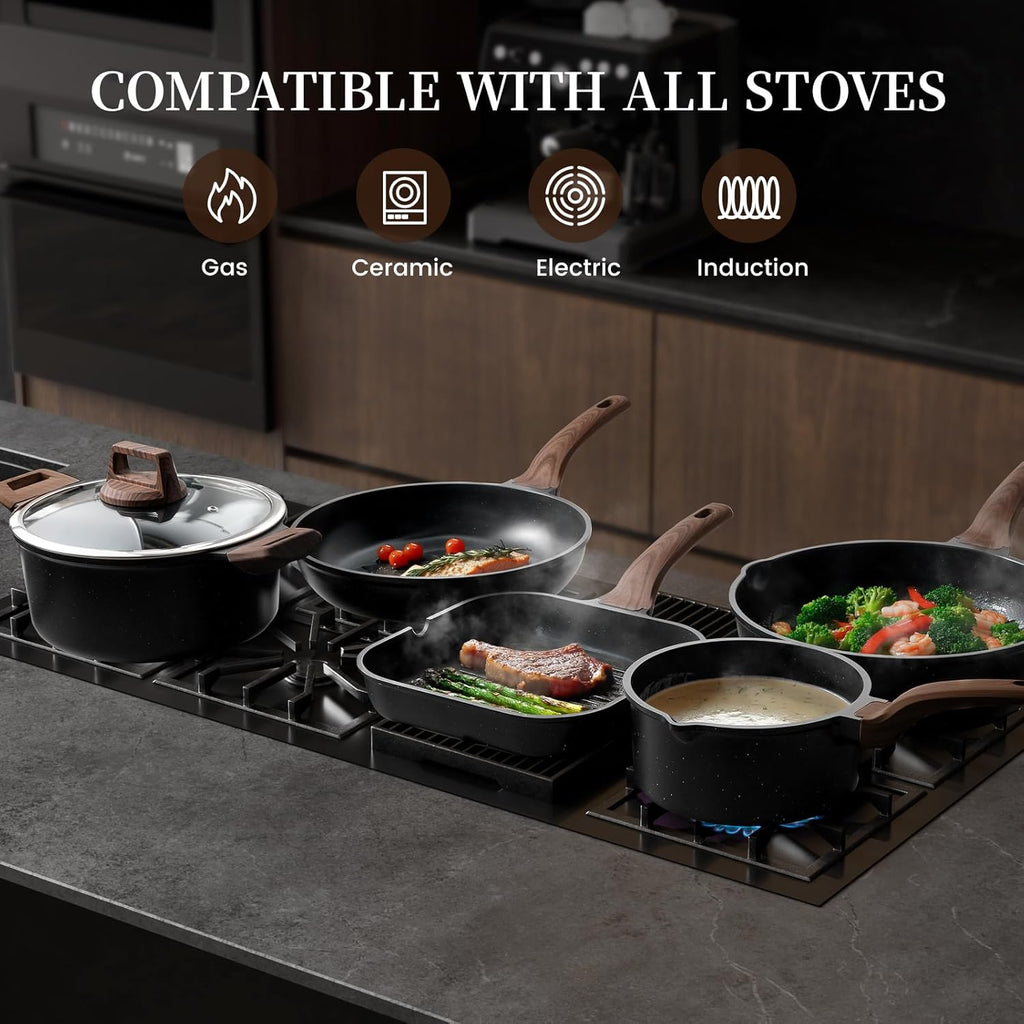 Kikcoin 16Pcs Ceramic Pots and Pans Set Non Stick, Includes a 9.5" Grill Pan, Induction Kitchen Cookware Sets, Black Nonstick RV Kitchen Camping Cooking Sets Stackable (PTFE, PFOS, PFOA Free)