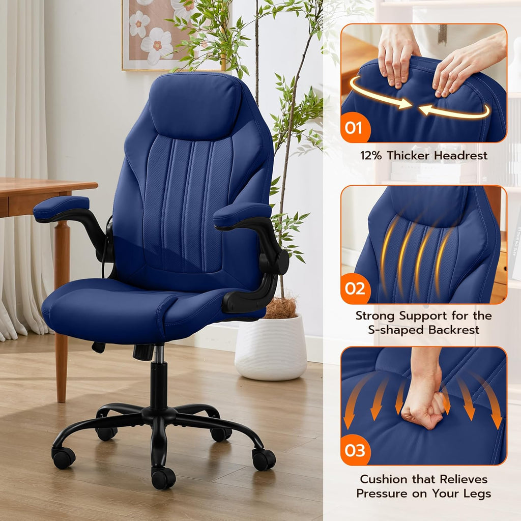 Office Desk Chair, Ergonomic Computer Chair with Padded Flip-Up Arms and Adjustable Lumbar Support, PU Leather Executive Chair with Tilt Lock and 360° Swivel Rolling Wheels for Work, Study