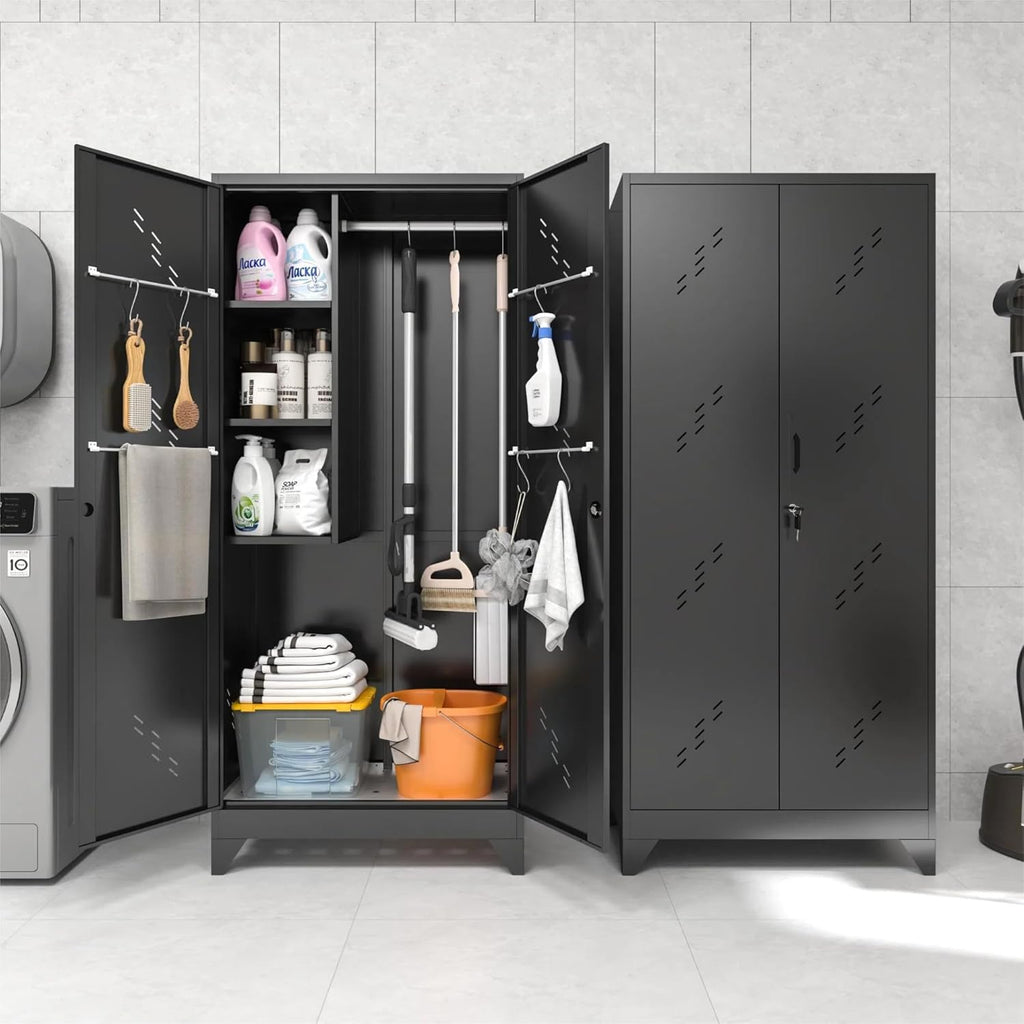 75" Metal Storage Cabinet with Lockable Doors, Functional Garage Storage Cabinets, Heavy-Duty Tool Organization Cabinet with Hanging Rod & S-Hooks (75" Utility Closet)