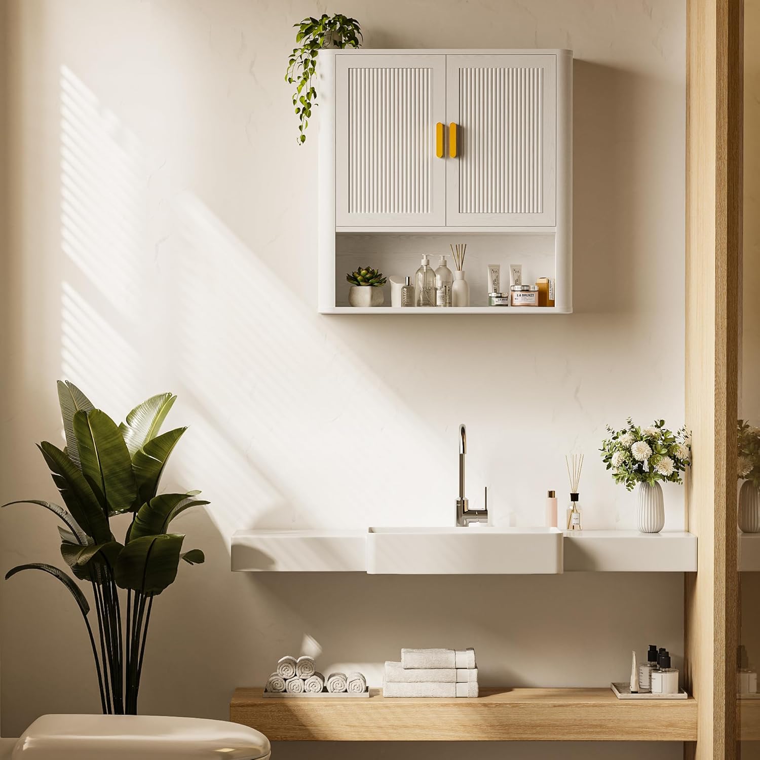 INNOD Bathroom Wall Cabinet, Wall-Mounted Medicine Cabinet with Adjustable Wood Shelf & Doors, Floating Bathroom Cabinet Over Toilet for Laundry Room & Kitchen & Living Room (White)