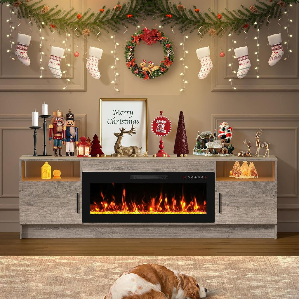 BREEZEHEAT 70 inch TV Stand with Fireplace-Led Entertainment Center for TVs Up to 80 Inch-Fireplace Console with Storage Cabinets, Metal Handles, Rustic TV Stand for Living Room-Grey