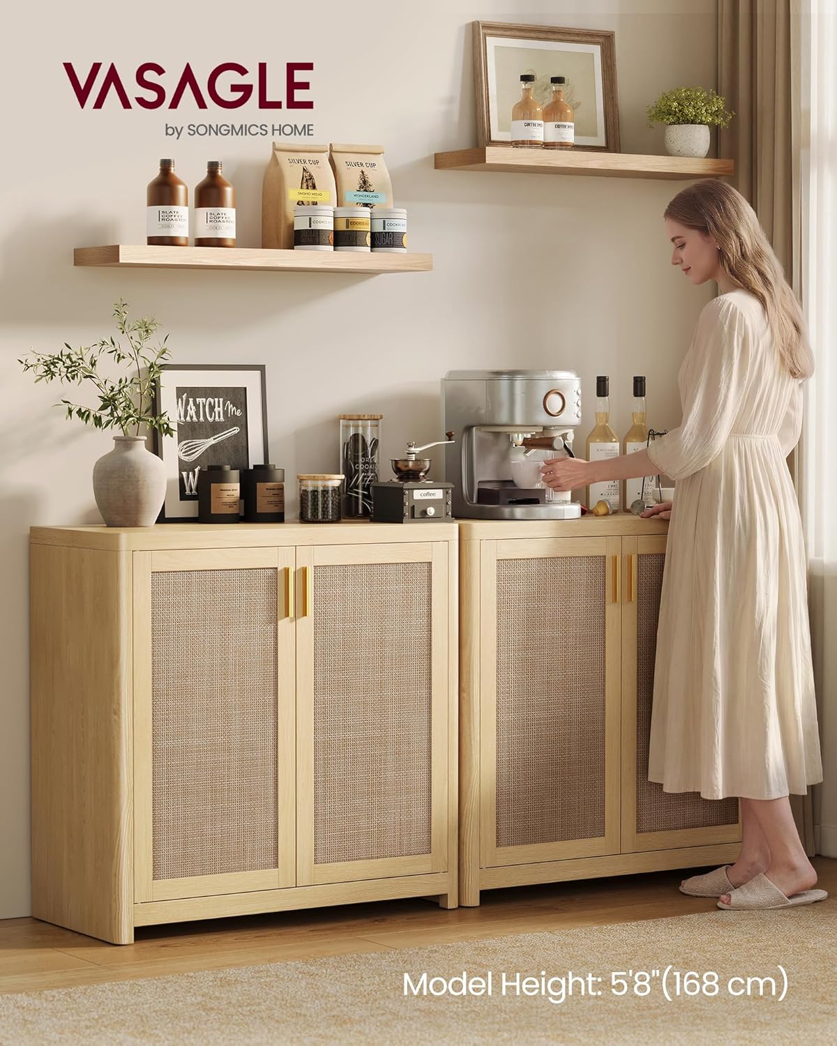 VASAGLE ELLAN Collection - Boho Buffet Cabinet with Rattan-Look Doors, Sideboard Storage Cabinet, Rounded Corners, Adjustable Shelf, for Kitchen, Oak Beige UBBK345YC01
