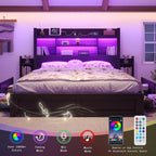 King Bed Frame with 49.6" Bookcase Headboard & 2 Bedside Stoage Racks & 4 Drawers, Farmhouse Wood Bed Frame with RGB LED & Charging Station, No Box Spring Needed, Black