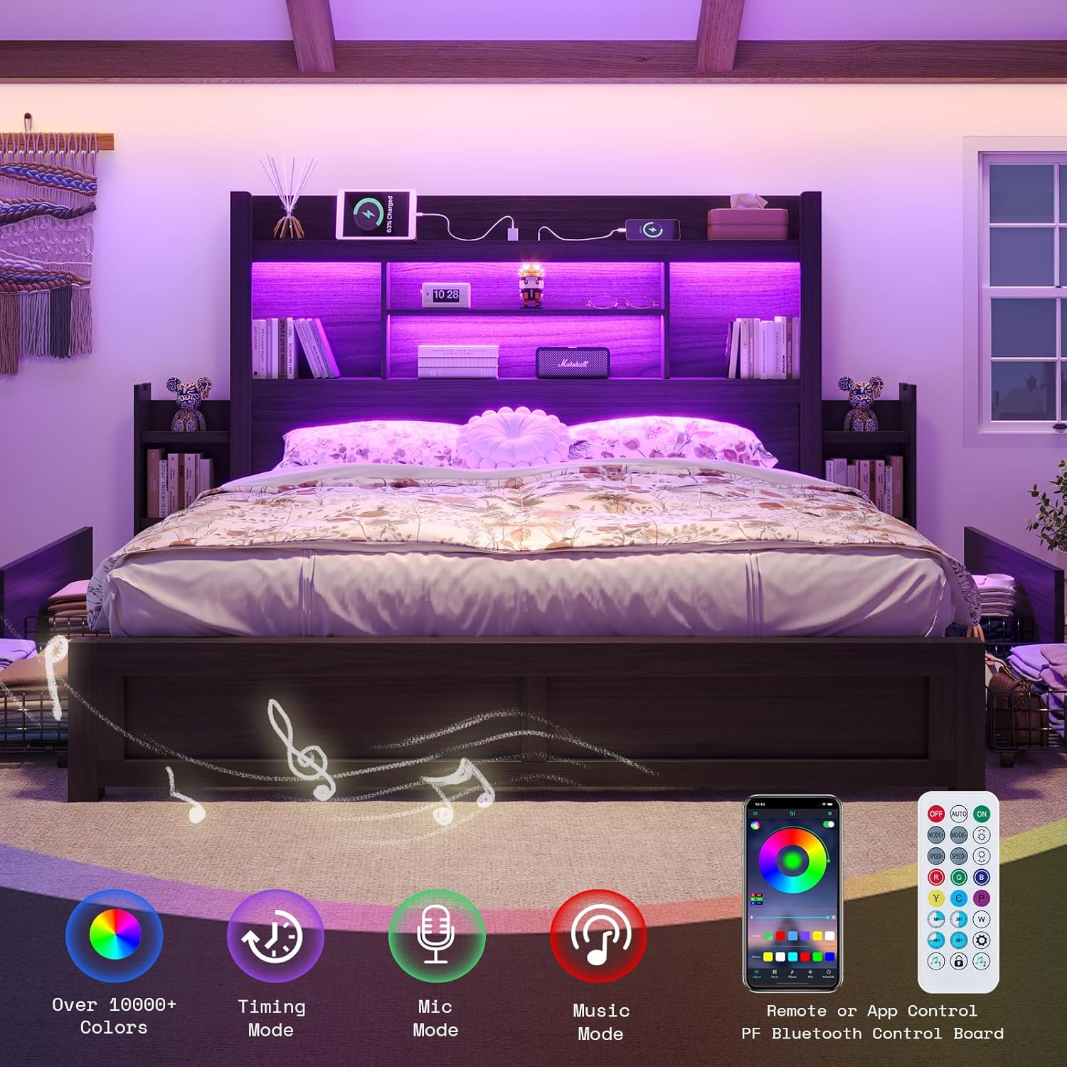 King Bed Frame with 49.6" Bookcase Headboard & 2 Bedside Stoage Racks & 4 Drawers, Farmhouse Wood Bed Frame with RGB LED & Charging Station, No Box Spring Needed, Black