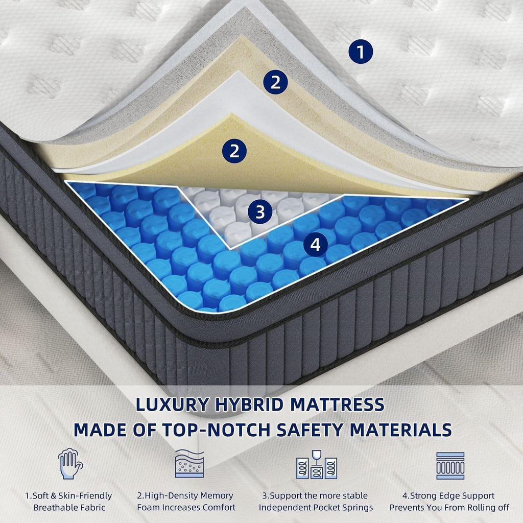 EEN EEN SLEEP 12 Inch Medium Firm King Size Mattress Upgraded King Hybrid Mattresses in A Box with Gel Memory Foam & Pocket Springs, Strong Edge Support,Pressure Relief,CertiPUR-US,365-Night Trial