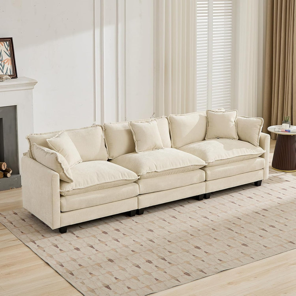 113.8" Modern Cozy Sectional Couches for Living Room, Beige Chenille Comfy Cloud Couch Sectional, 3 Seater Couch for Living Room, Sofas para Sala, I Shaped Sofas & Couches (Beige, 3+0 Set)